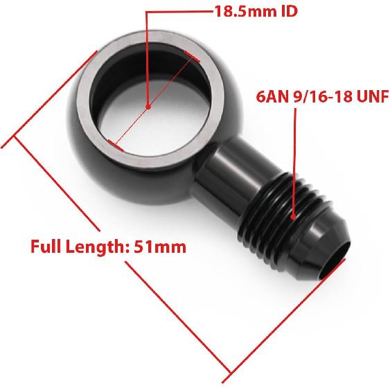 Black Aluminum Fuel Banjo fitting - M18 18.5mm ID Banjo hole to 6AN 9/16"x18 UNF Male Flare Adapter, Designed for Bosch 044 Fuel Pump