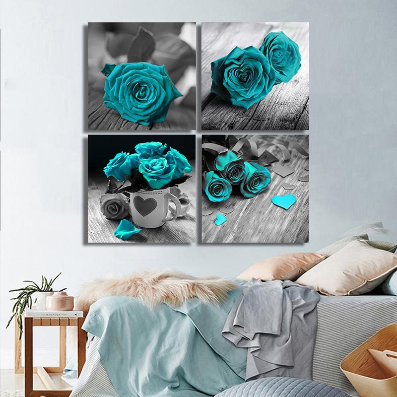 Винтажные бирюзовые настенные художественные розы, печать на холсте, фотографии, романтические постеры о любви для спальни, декора гостиной, Cuadros
