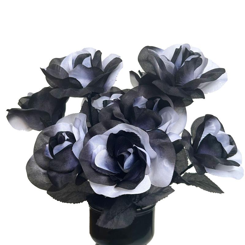 2 шт. 5 головок 34 см Хэллоуин Декор Реалистичный Букет Искусственных Цветов Готический Черно-белый Искусственные Цветы Розы Ветка