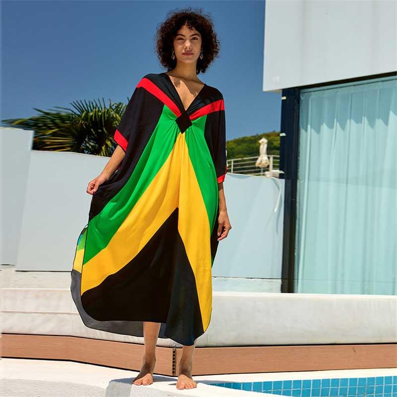 EDOLYNSA Кафтан больших размеров, разноцветное летнее длинное пляжное платье, женская домашняя одежда, пляжная одежда, купальный костюм, свободный кафтан