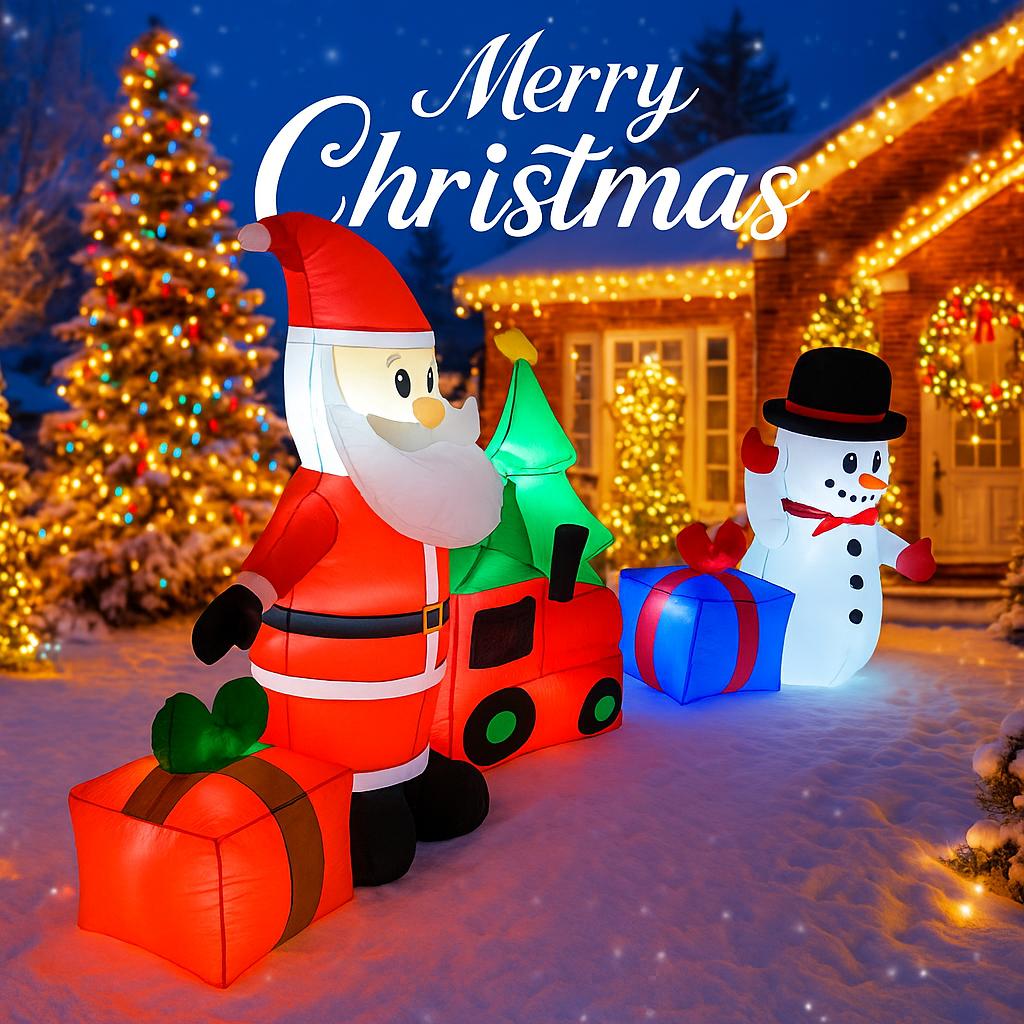 8.8FT LED Inflatable Xmas Yard Decor Set Santa Snowman Train Tree Xmas Decorations Holiday Supplies Home Ornaments Gifts Toy