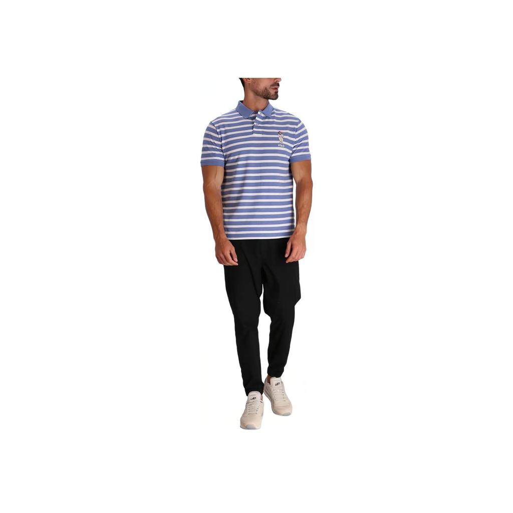 Polo Ralph Lauren Ss24 Логотип Мультяшный Узор Полосатый Принт Рубашка Поло с Коротким Рукавом Мужские Рубашки Поло Синий 710941863-001