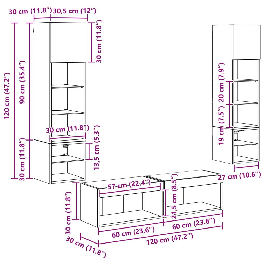 LED TV Wall Unit Wall Mounted 6 pcs Artisan Oak Wood Based Panel