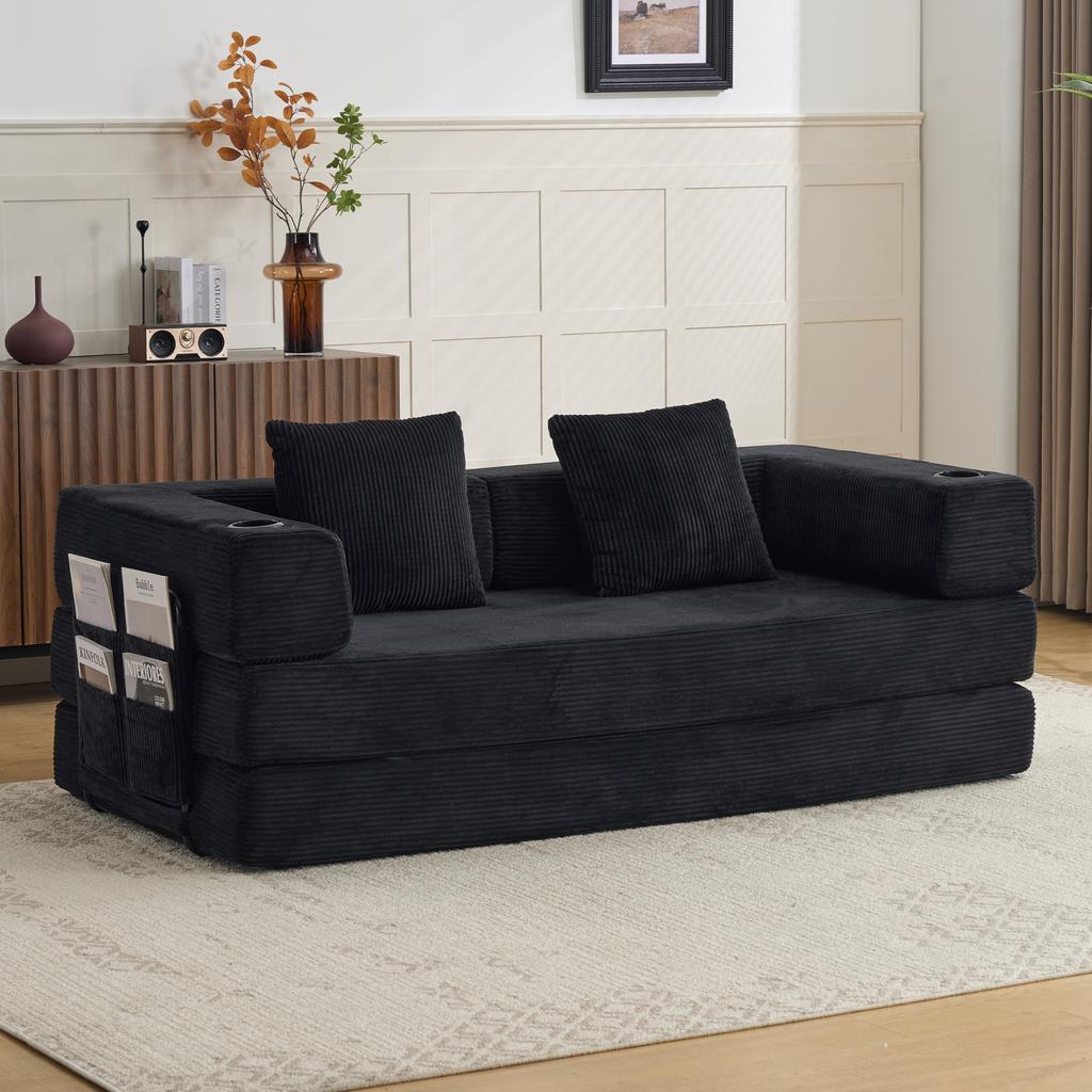Floor Couch,Compression Sofa,Convertible Sofa Bed-with Pillow Back Armrest,With Cupholder&Side Pocket,Corduroy Fabric,Living Room Bedroom,Black