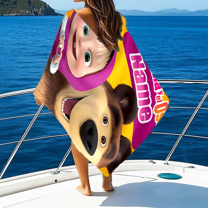 1pc Masha and the Bear2 Beach Towel with Custom Name, Beach/Swimming/Bath/Picnic/Camping Towel, Suitable for Seaside Beaches