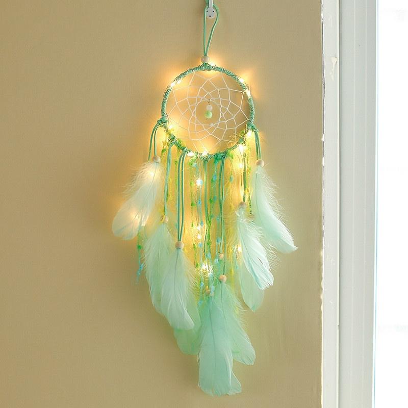 Handmade Dream Catcher with Green Feathers Night Light Car Wall Hanging Decoration Home Decor Lighti