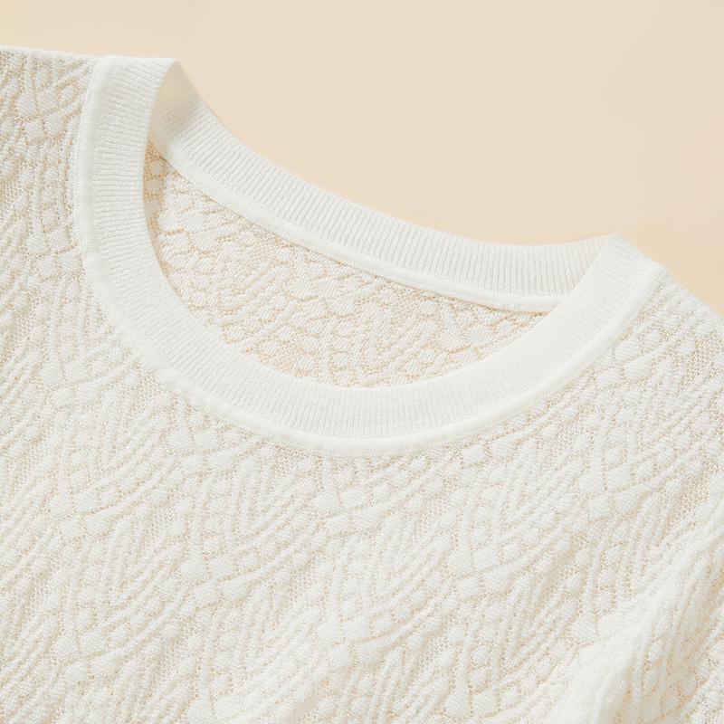 Cotton silk round neck short sleeved spring/summer bubble sleeve knitted versatile crochet commuting knit sweater exquisite and elegant style