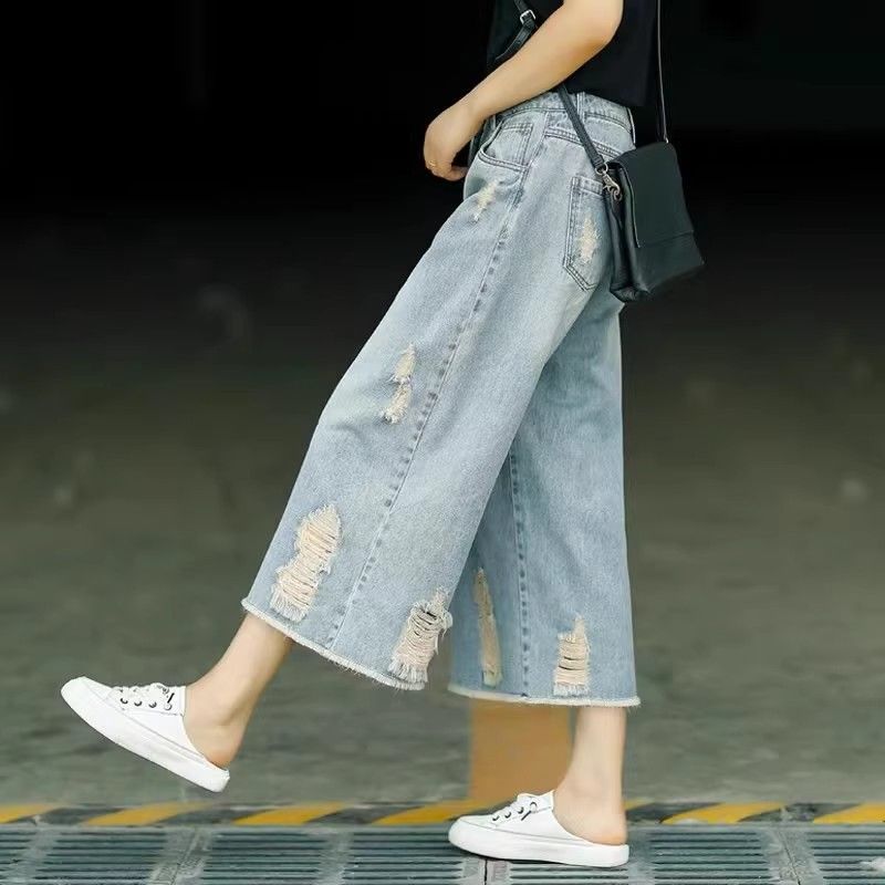 Pants Women's Denim Ripped Jeans Summer Clothes Baggy Jean Y2k Streetwear Wide Leg Pant Womens Clothing