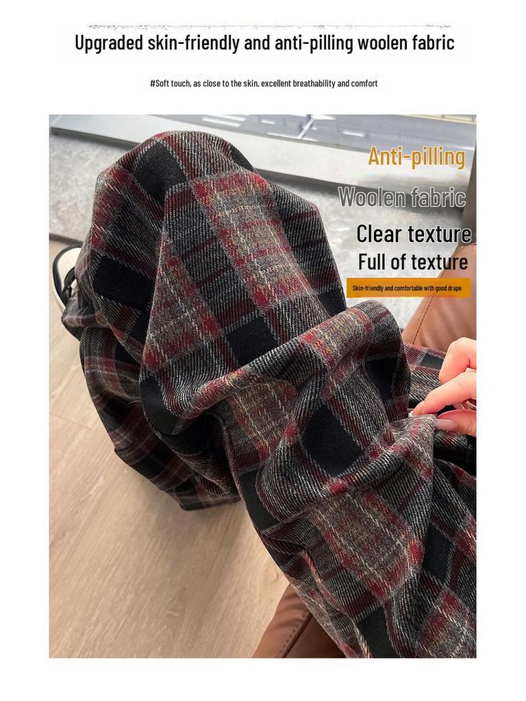 Women's Retro High-Waist Wool Plaid Pants - Contrast Color, Wide-Leg, Floor-Length, Velvet-Lined for Autumn/Winter 2024