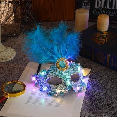 Пластиковая светящаяся LED маска для ночного клуба, маска-полумаска со стразами, маска с перьями, маска для макияжа глаз, венецианская маскарадная маска, товары для вечеринок