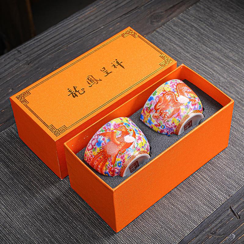 Цзиндэчжэнь Древний Стиль Ручная Работа Ретро Эмаль Мастерская Пара Дракон и Феникс Дегустационная Чашка Чайный Набор