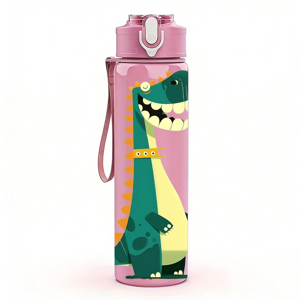 1PC Green Dinosaur Cartoon Dino Print 750ml Color Plastic Sports Water Bottle Leakproof Flip Straw Lid Suitable for Sports Office Home Use