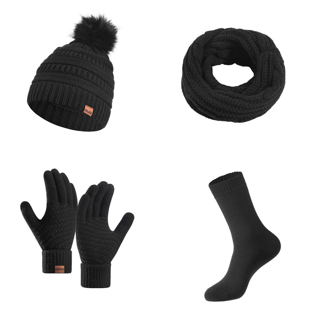 Парная теплая шерстяная шапка, вязаная плюс бархатная утолщенная взрослая шапка, шарф, перчатки, носки, комплект из четырех предметов