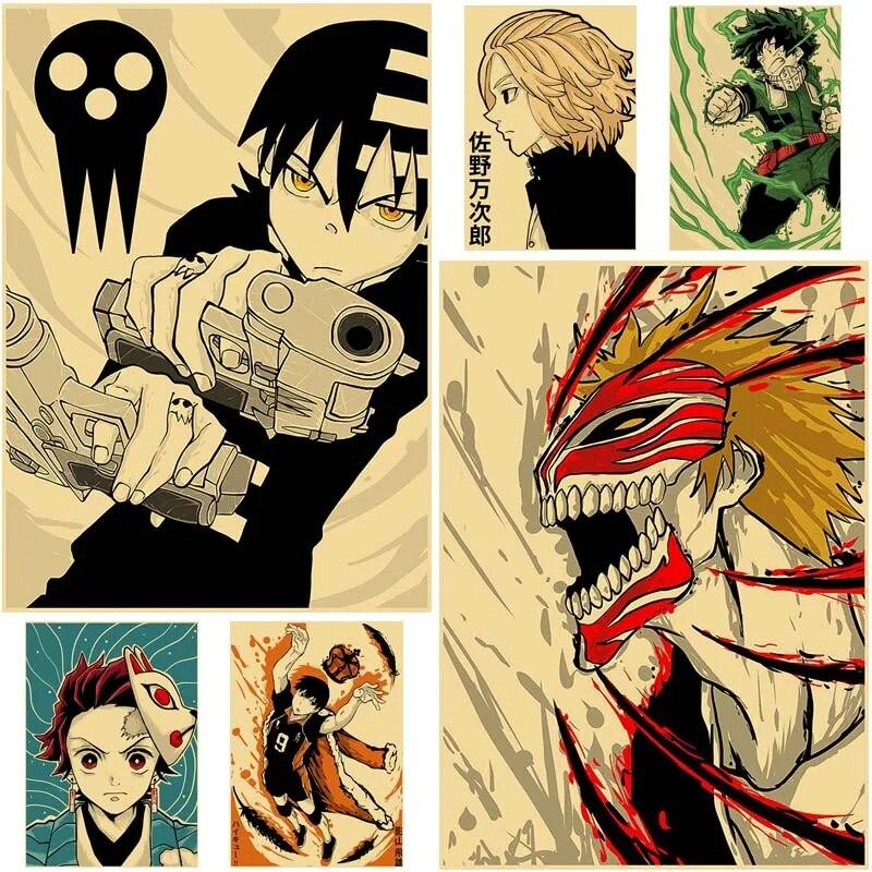 Классические аниме-фигурки, постеры, винтажная крафт-бумага, настенная живопись, фотографии, Декор для гостиной, кафе, дома, декоративная фреска