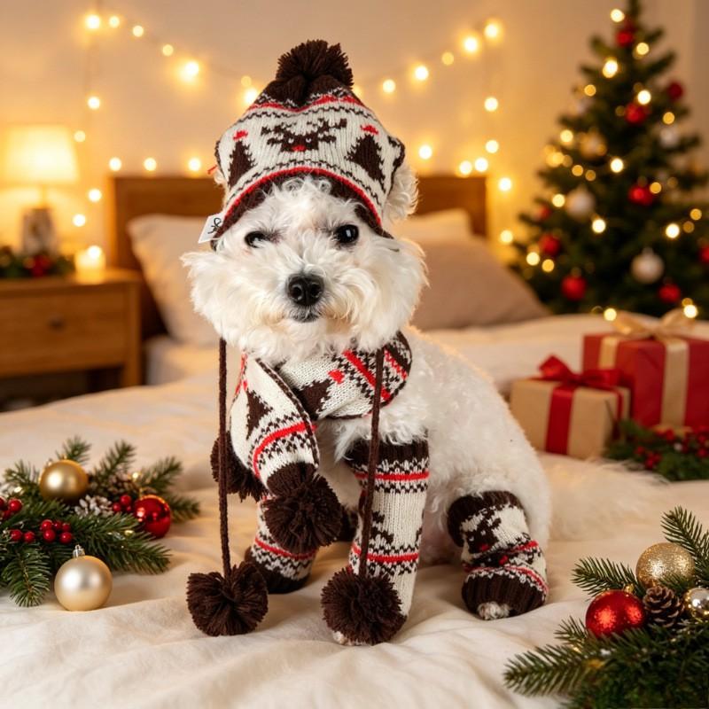Pet Christmas Hat Scarf Paw Socks Set Knitted Holiday Accessory Dogs Cats Small Medium