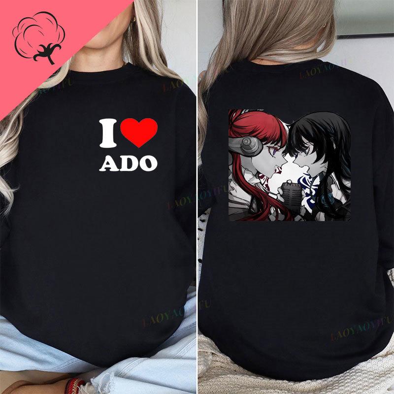 Женская одежда Двусторонний стиль Печатная футболка Ado T-shirt ADO Синяя Роза Графические футболки Streetwear Хлопковые топы с круглым вырезом