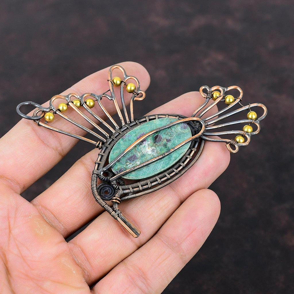 Подвеска из рубина и фуксита, обмотанная медной проволокой, оригинальное украшение из драгоценного камня, подвеска ручной работы, замечательные подвески в виде птиц, медные украшения для подарка