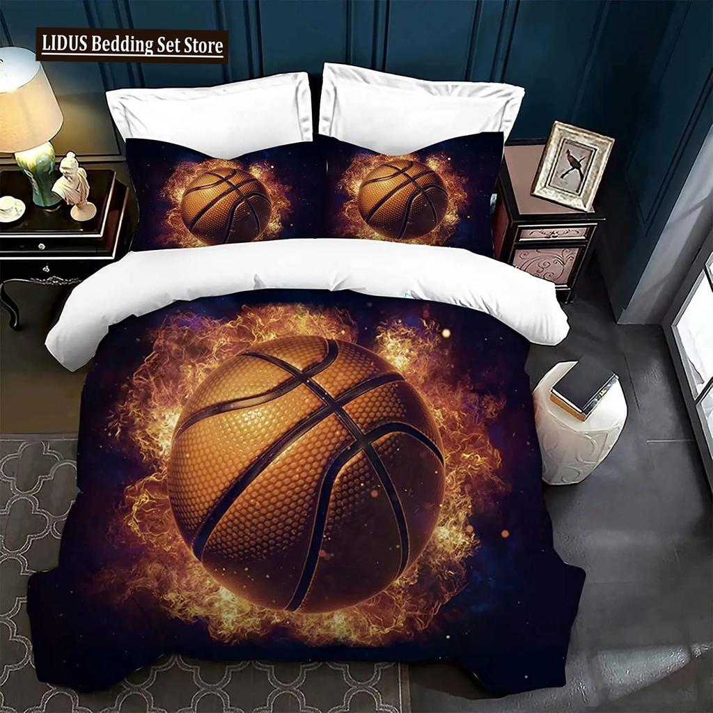 3 Pcs Duvet Cover Set, Ball Bedding Sets, Very Cool Basketball And Football Pattern Duvet Cover,Comforter Cover With Zipper Ties