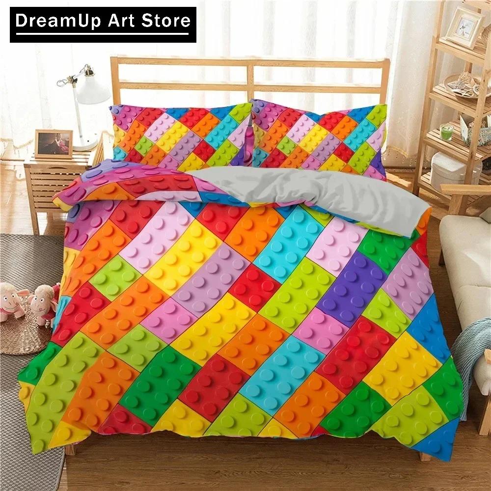 Пододеяльник Building Block King Queen с разноцветным кирпичным рисунком для мальчиков, подростков, взрослых, 2/3 шт., полиэстеровое одеяло