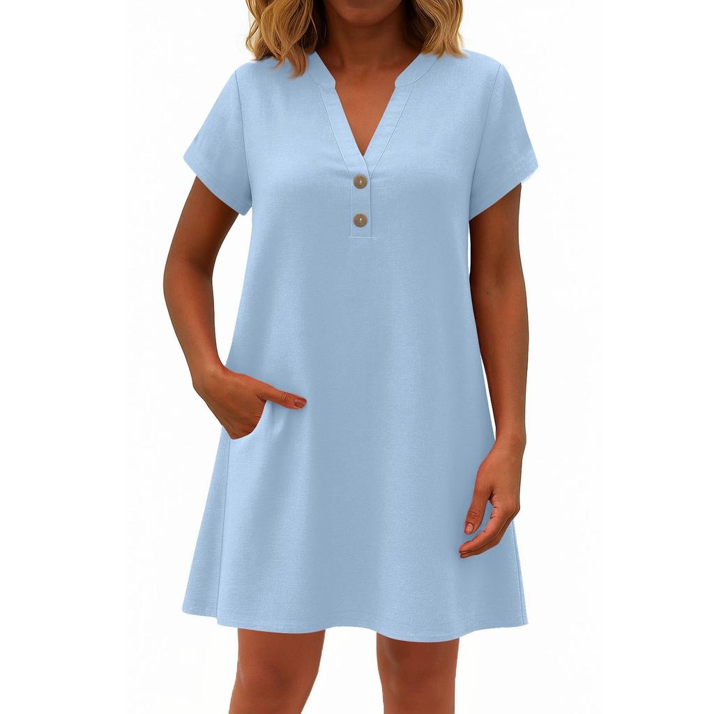 Women's Fashionable Solid Color V Neck Button Short Sleeved Pullover Dress
