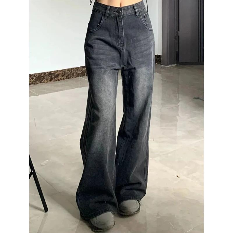 Korean Vintage High Waist Women's Jeans Y2K Slimming Pear-Shaped Loose Straight Bell Bottoms Black Gray Baggy Denim Trousers