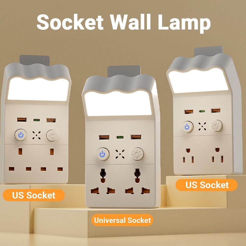 Universal Socket Night Light Socket Converter Warm White LED 1Type C & 2USB-A Plug in Night Light 3 Level Brightness Adjustable