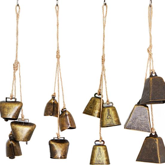 Christmas Bell Pendant Rustic Metal Hanging Decorative Bell with Jute Rope Vintage Wind Chimes Wall Hanging for Home Decor