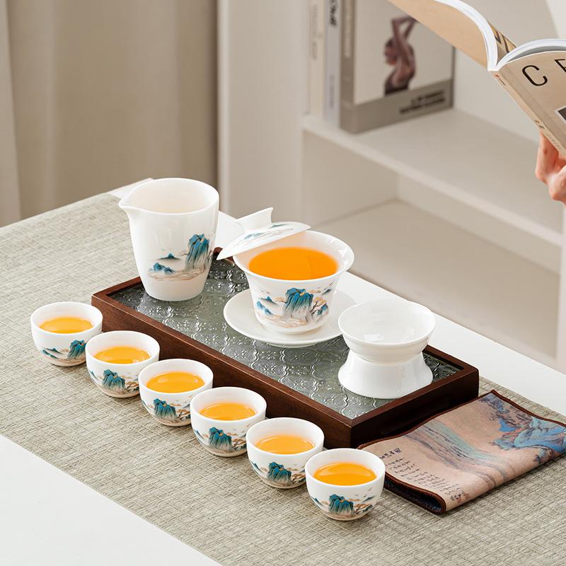 Suet Jade White Porcelain Ceramic Tea Set Kung Fu Splendid Mountains and Rivers Retro Brewing Teapot Company Office Annual Meeting Gifts