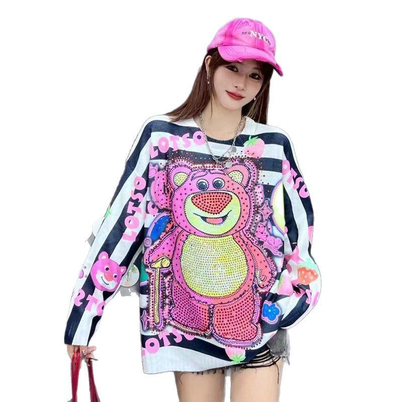 2025 Autumn/Winter Women's Rhinestone Strawberry Bear Knit Sweater Coat - Trendy, Loose, Mid-length Style