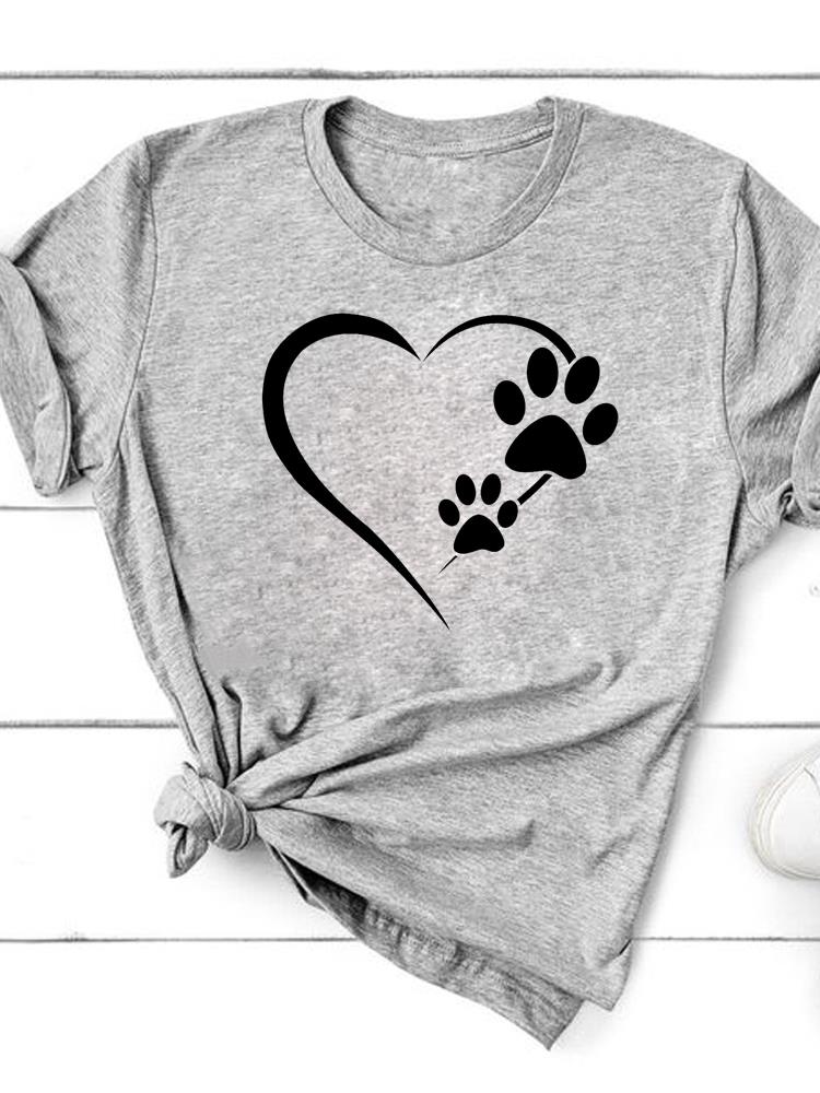 Paw Cat Dog Love Heart Trend Graphic T-shirts Clothing Summer Cotton Tops Fashion Short Sleeve Women Print T Shirt Tees