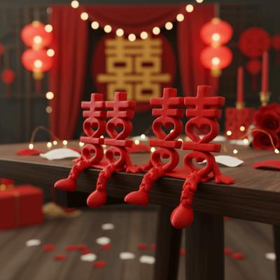 2 шт. Красные 3D ornaments со словом Xi, Традиционные, С подвижными соединениями, Орнаменты «Двойное счастье», Реквизит для фото, На удачу