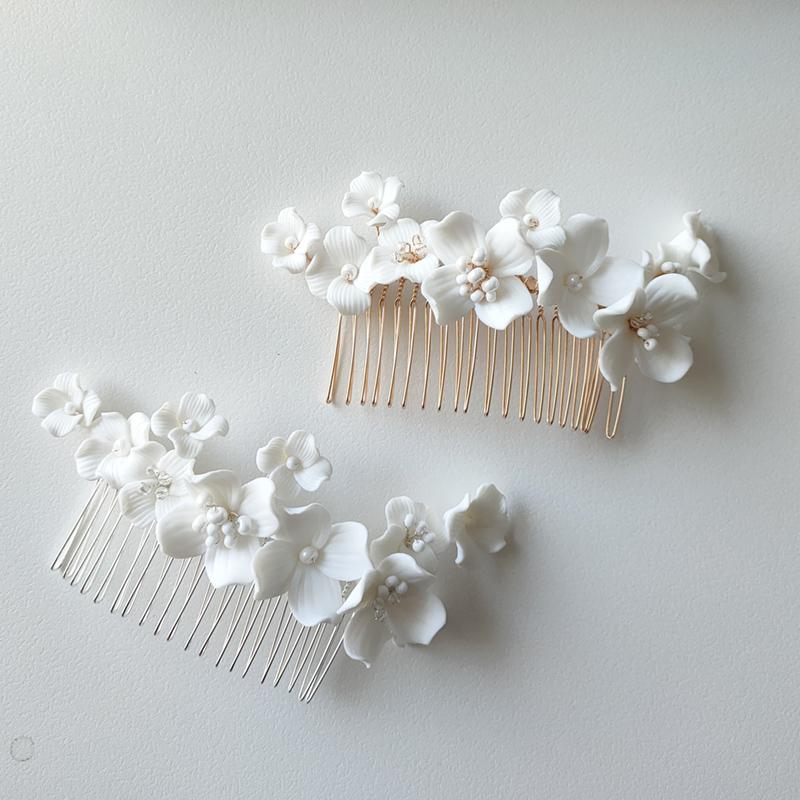 Romantic White Ceramic Flower Bridal Hair Comb Bridesmaid Wedding Accessories Hair Piece Jewelry