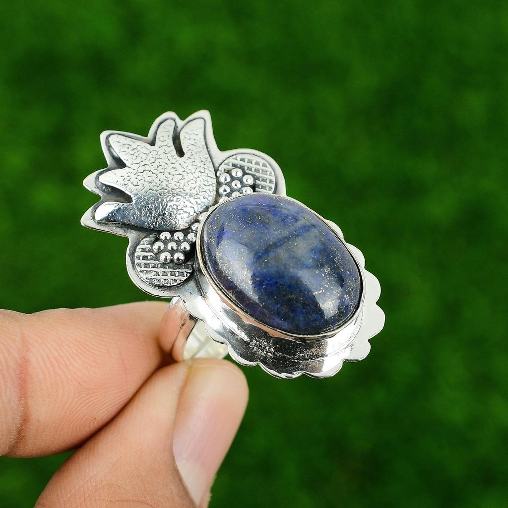 925 Sterling Silver Natural Lapis Lazuli Solitaire September Birth Ring Jewelry