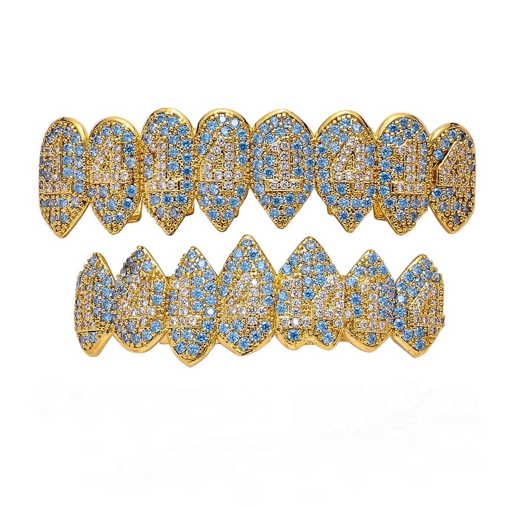 Stock Halloween Jewelry Gold Silver Metal Color Plating Iced Out Brass and Blue Zircon Hip Hop Sharp Teeth Grillz