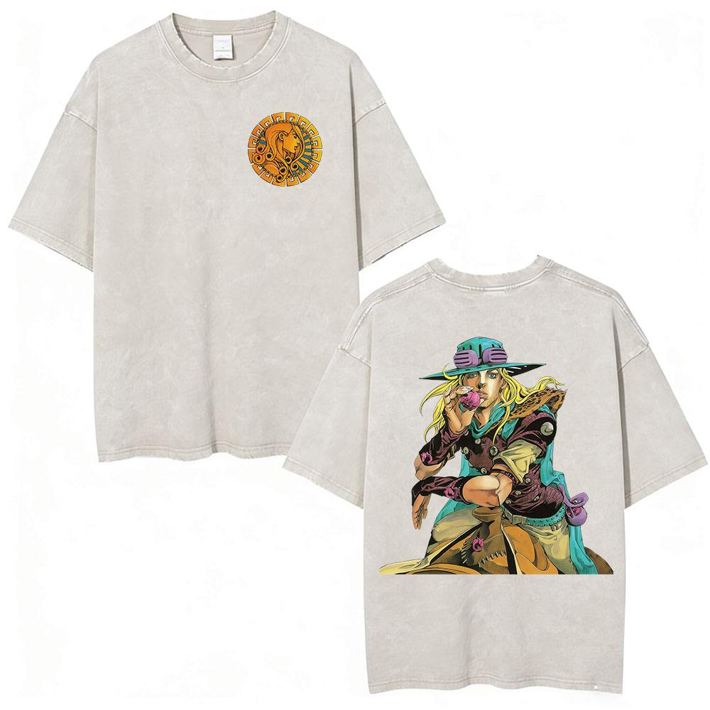 Аниме JoJo's Bizarre Adventure Манга Винтажная Кислотная Стирка Футболка Мужская Женская Повседневная С Коротким Рукавом Футболка Уличная Одежда