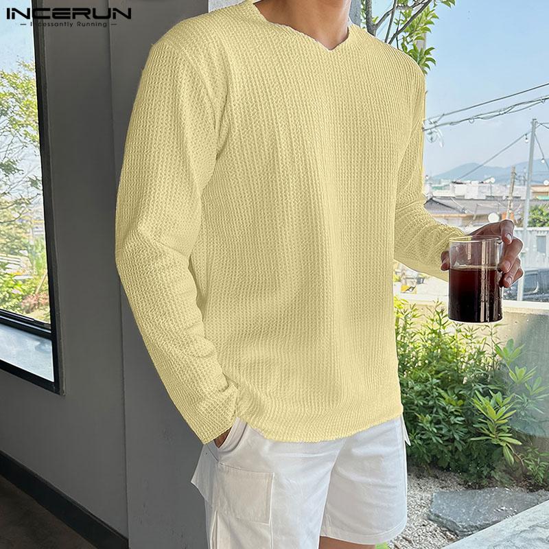 INCERUN Men Spring Long Sleeve Texture Tops Casual Loose Solid Pullovers