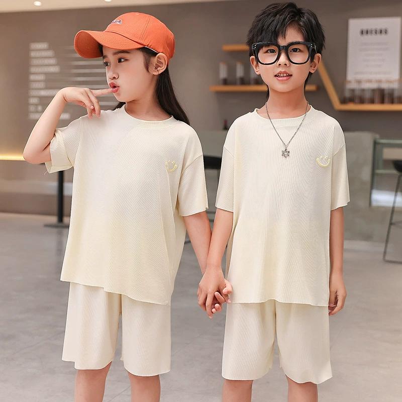Children's Short-sleeved Suit T-shirt Ice Silk Big Children Girls Boys Baby Pajamas Summer Thin Two-piece Home Service