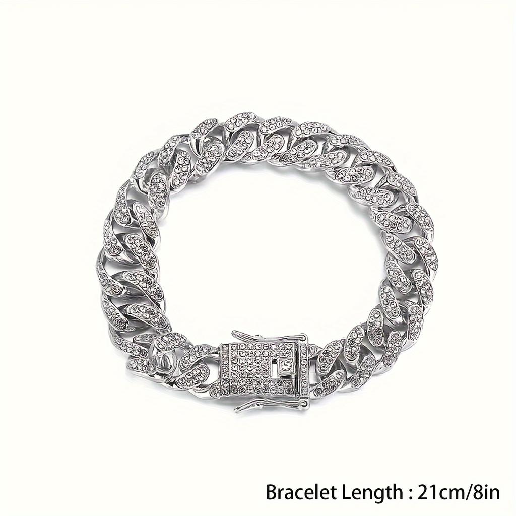 Iced Out Shiny Rhinestone Cuban Chain Necklace/Bracelet Bling Bling Zinc Alloy Jewelry