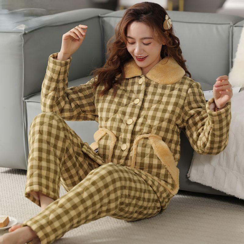 Куртка Пижама Женская Зимняя Трехслойная Теплая Плюшевая Утолщенная Домашняя Одежда Повседневная Для Молодежи Среднего Возраста Комплект Пижамы