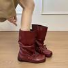 Vintage Western Pile Boots Women's New Autumn Versatile Folded Boots Straps Square Head Knight Boots