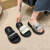 2025 Summer Women's Shoes Rhinestone Casual One-word Sandals Mid-heel Thick-soled Pedals Beach Slippers Muffin Bottom Half-drag
