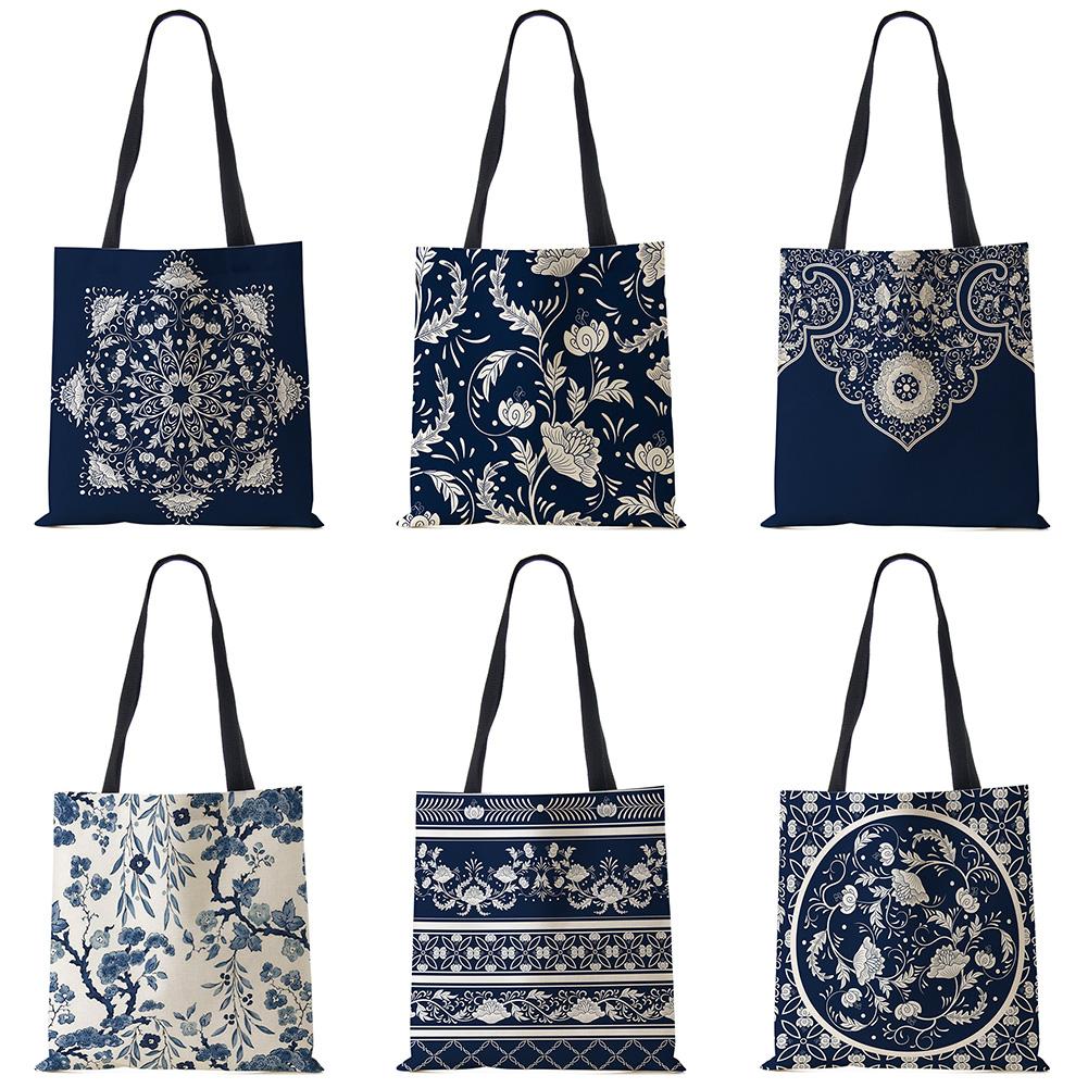 Elegant Lady Girls Handbag Floral Porcelain Geometry Abstract Pattern Shoulder Bag Casual Teenager Book Tote for Shopping