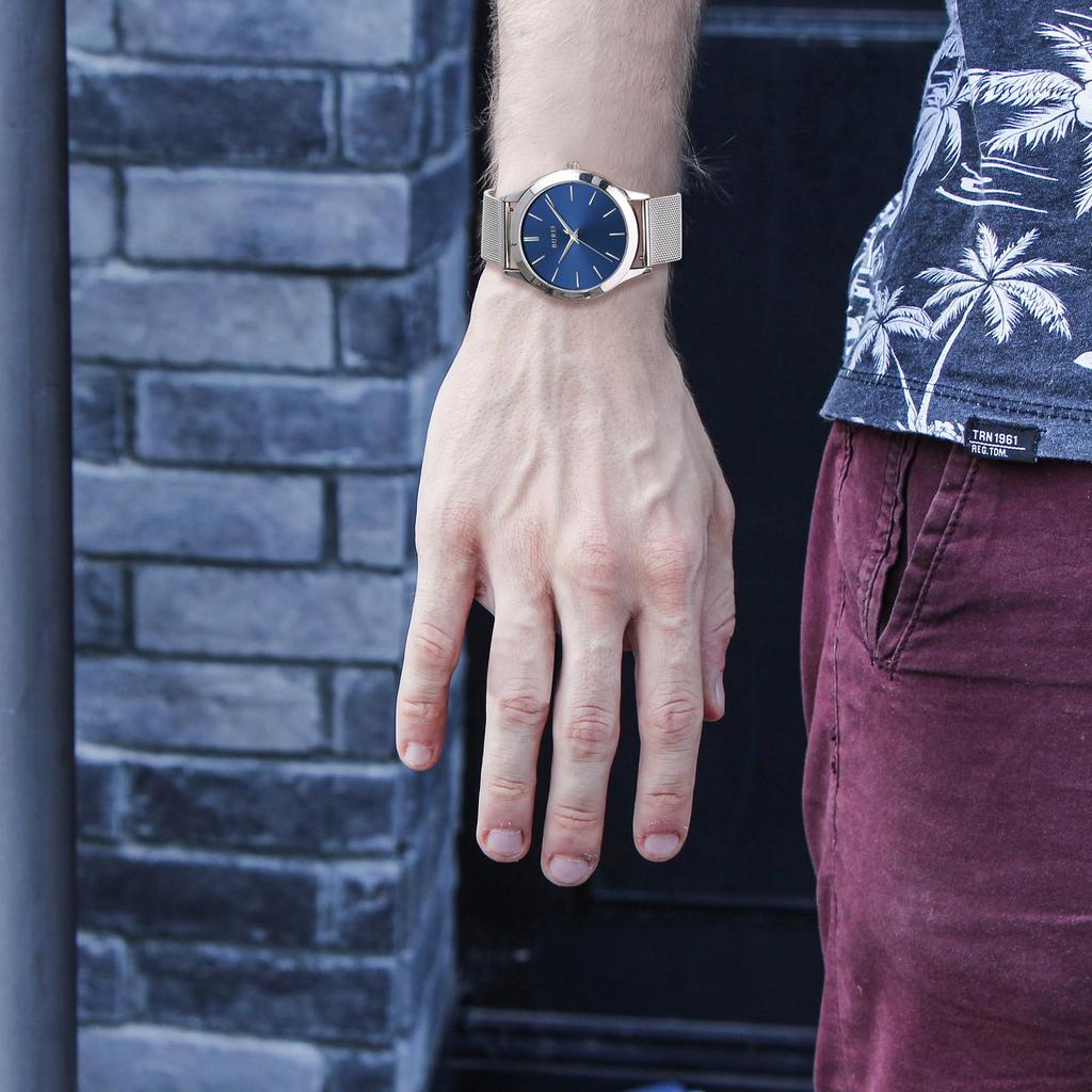 BUREI Мужские аналоговые кварцевые часы, Водонепроницаемые, Сетчатый браслет, Серебристые, Популярные, Тонкие, Простые, Стильные, Деловые, Повседневные, Мужские часы (Синий, Нержавеющая сталь)