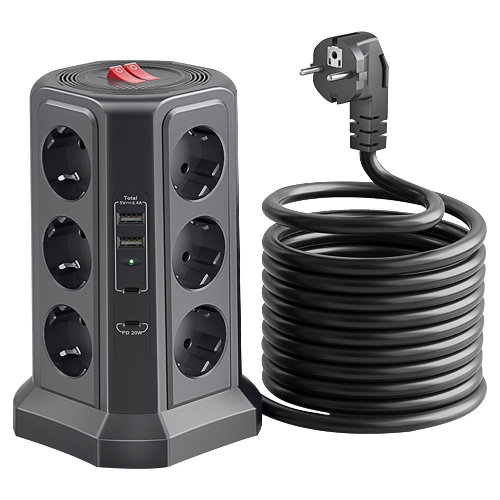 Сетевой фильтр 12 бит с защитой от перенапряжения 4000 Вт 16 А с удлинительным кабелем 1,8 м, 2 порта USB A и 2 порта USB C PD20 Вт, верхний переключатель