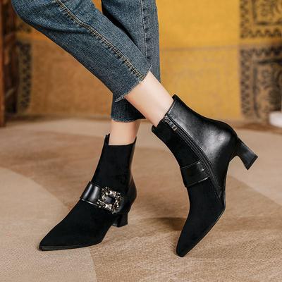 Женские ботильоны с острым носком, одинарные ботинки, новые коричневые ретро ботильоны, пряжка со стразами, толстый каблук, тонкие ботинки