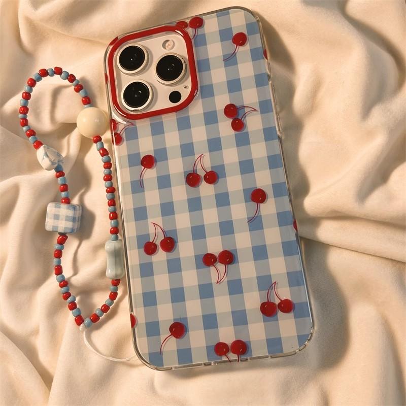 Niche Blue Checked Cherry Phone Case Suitable for Apple 16 15PRO Cartoon Protective Case IPhone14 13