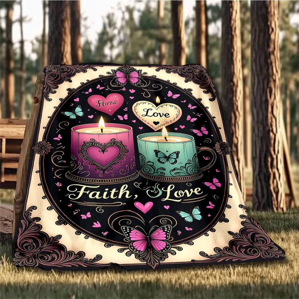 1pc Faith Love Candles Outdoor Flannel Blanket Soft All Season Polyester Throw , Perfect for Picnics & Travel , Picnic Accessory