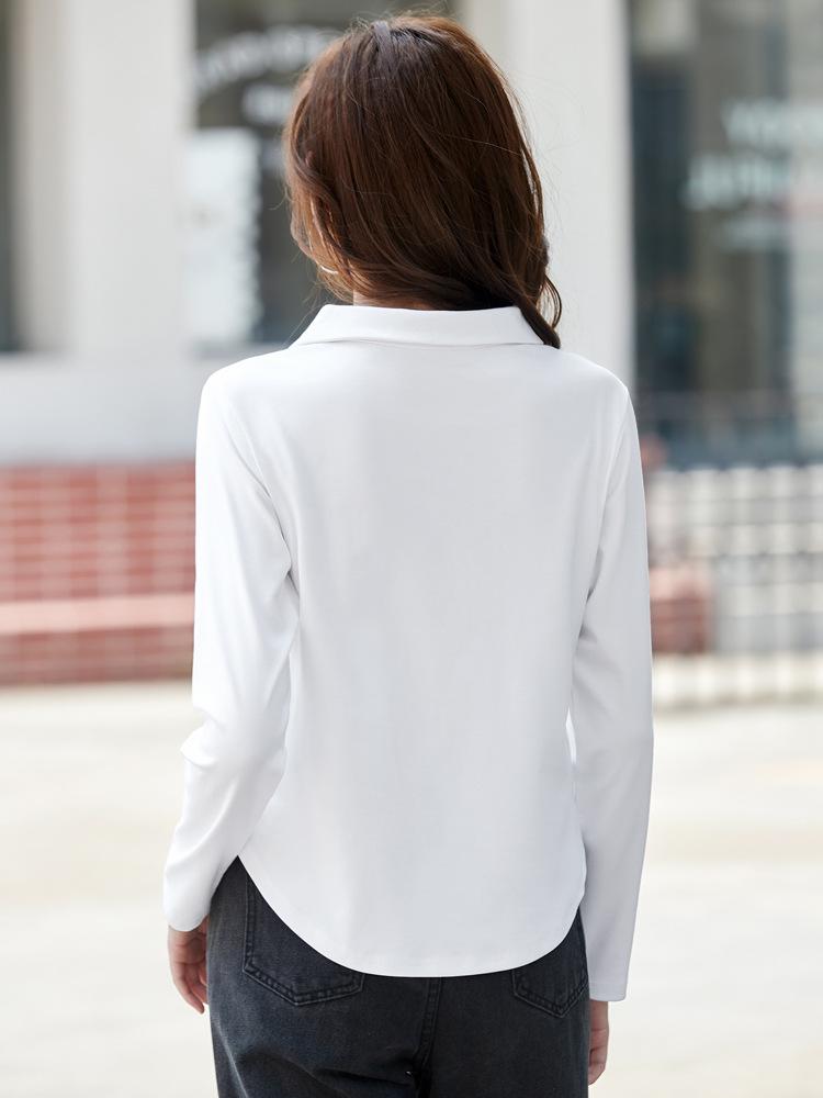 Women's Solid Color Long Sleeve T-Shirt with Turn-Down Collar and Curved Hem - Autumn 2025 Collection