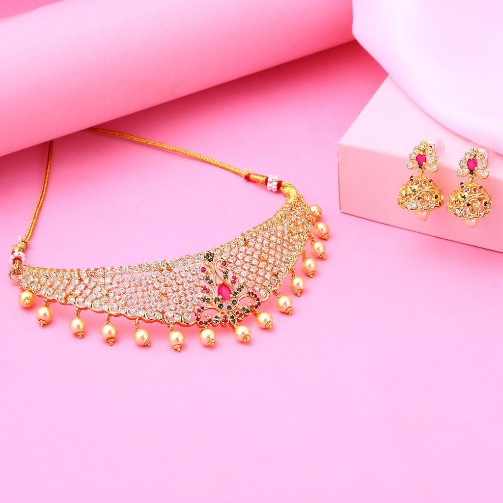 Очаровательное свадебное колье Estele с позолотой CZ, цветными камнями и жемчугом