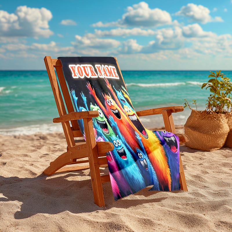 1PC Custom Name Colorful Monster Party Beach Towel Highly Absorbent And Sand-Resistant Towel for Swimming, Pool, Yoga, And Travel Lightweight